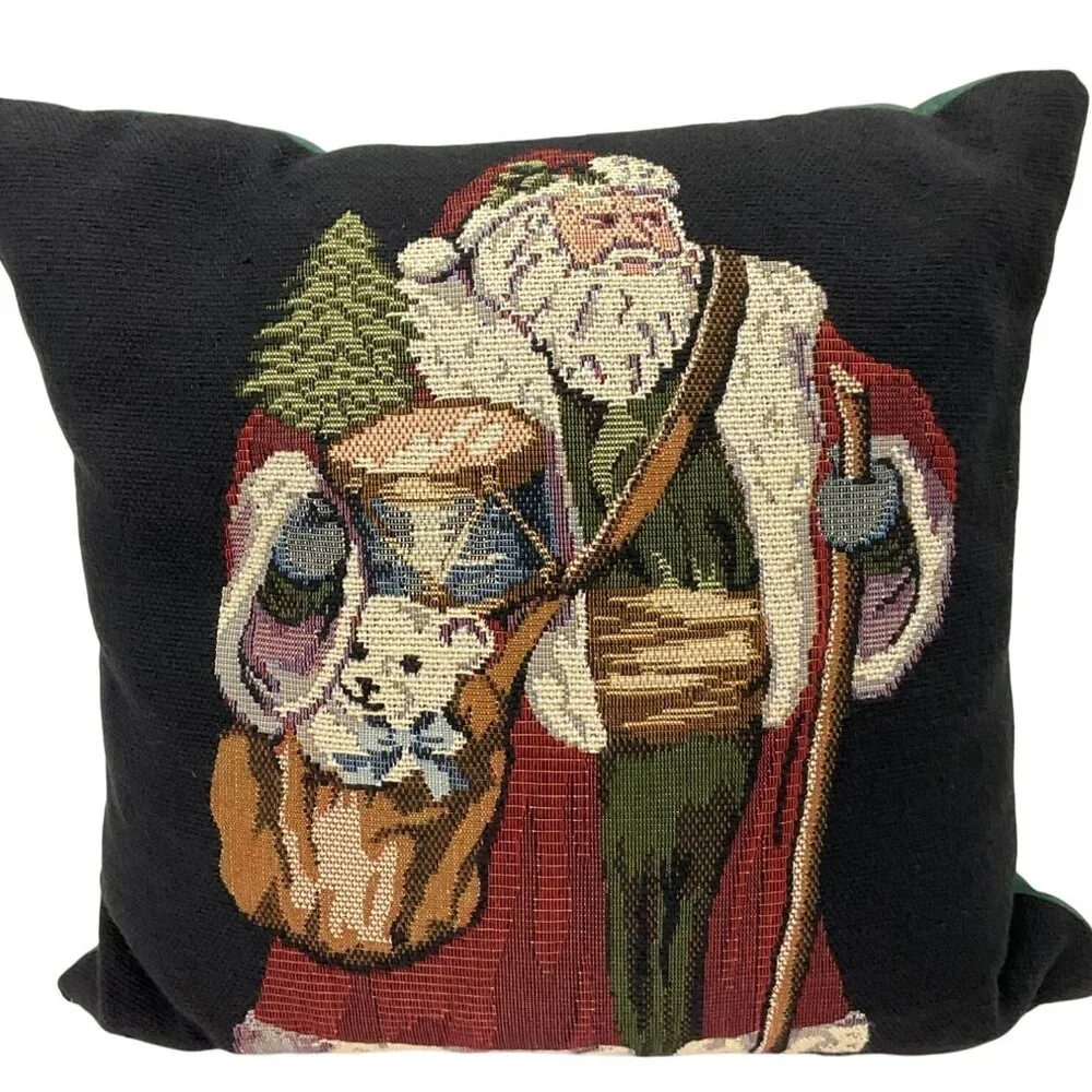 Vintage Christmas Santa Claus Black Tapestry Needlepoint Throw Pillow Green Back